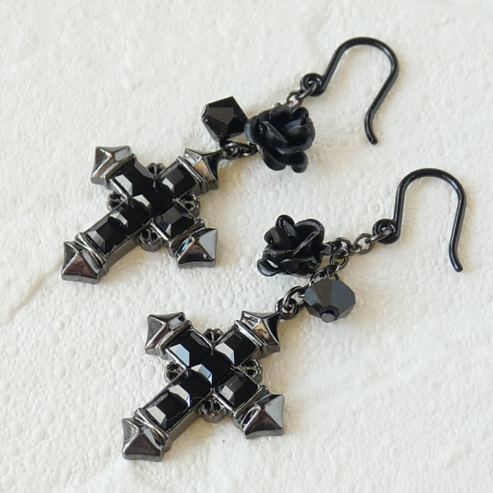 Black Rose Square Stone Cross Earring