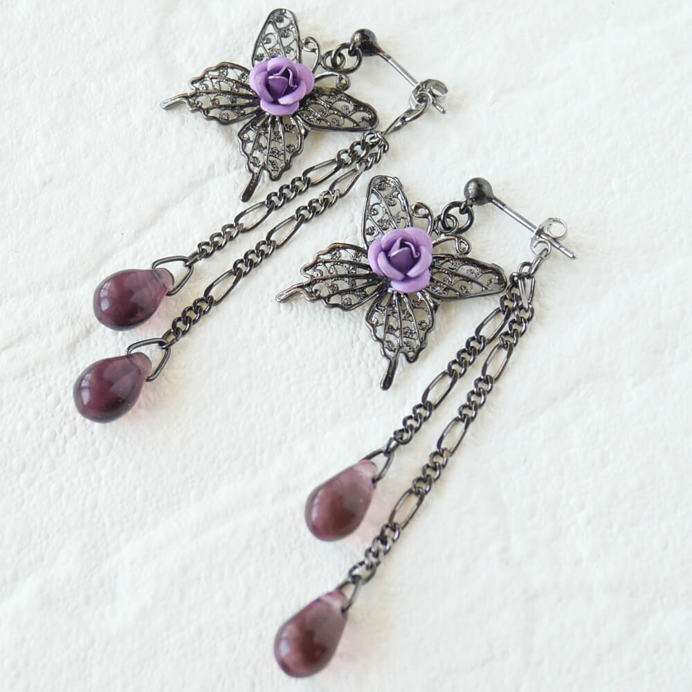 紫薔薇 蝶 ピアス パープル ドロップガラス