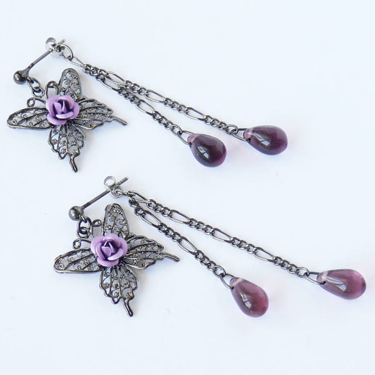 紫薔薇 蝶 ピアス パープル ドロップガラス