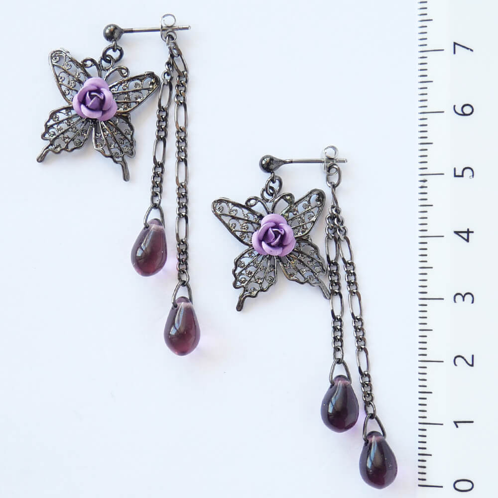 紫薔薇 蝶 ピアス パープル ドロップガラス