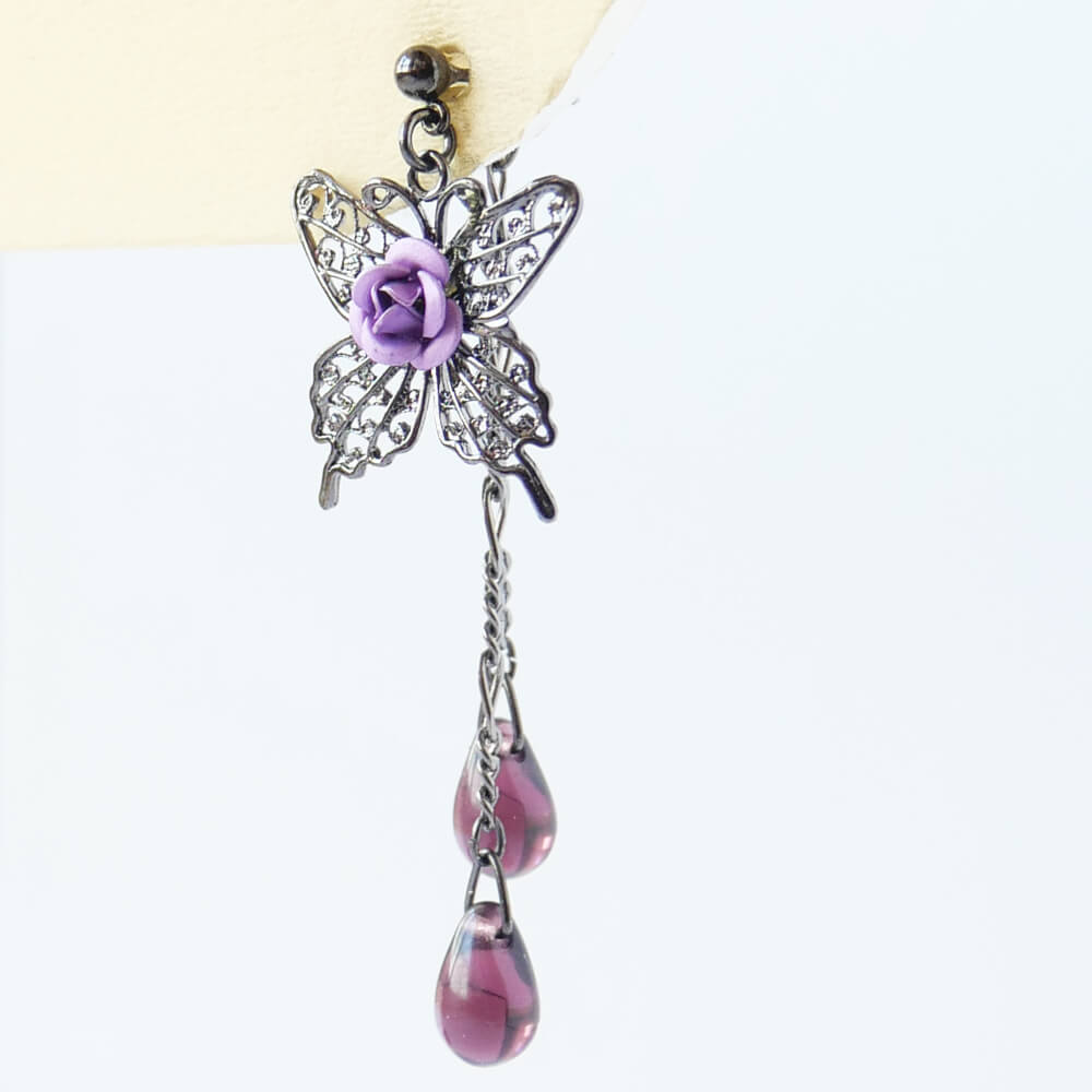 紫薔薇 蝶 ピアス パープル ドロップガラス
