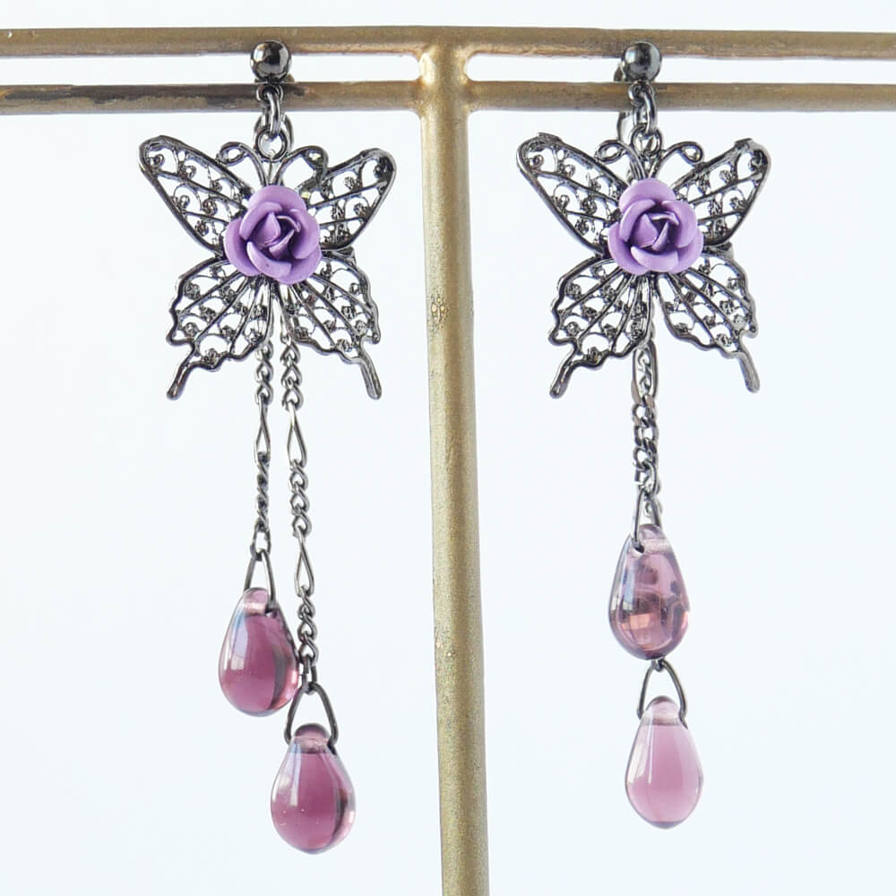 紫薔薇 蝶 ピアス パープル ドロップガラス