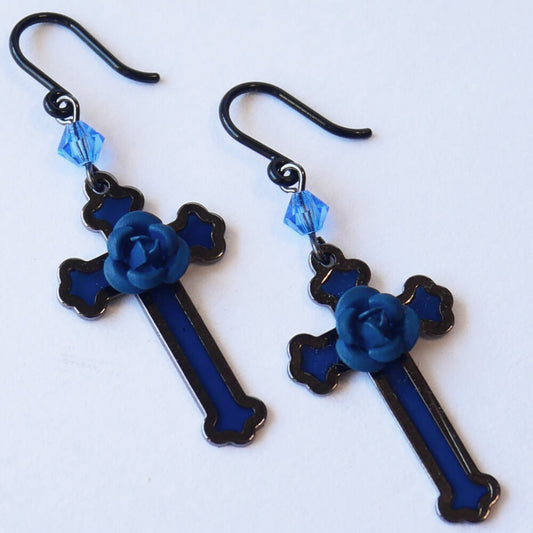 【ノンアレルギー】ガンメタ 十字架 青薔薇 mini ブルー ローズ クロス ピアス