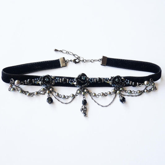 薔薇 ビーズ パール ゴシック ベルベット チョーカー ブラック