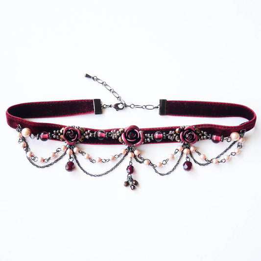 薔薇 ビーズ パール ゴシック ベルベット チョーカー ワイン