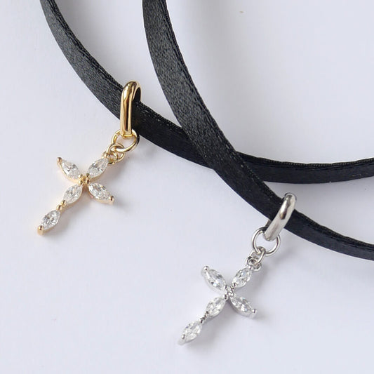 キュービックジルコニア クロス サテン スリム チョーカー シンプル 十字架 ゴスロリ