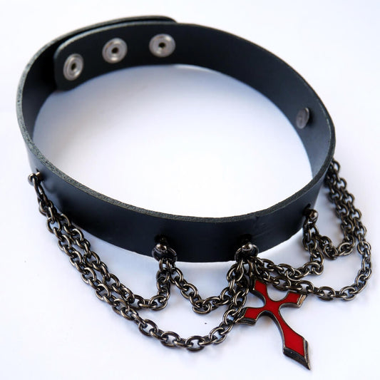 本革 十字架 ガンメタ チェーン チョーカー