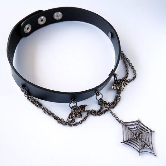 ハロウィン 蜘蛛の巣 蝙蝠 ガンメタ チェーン 革チョーカー