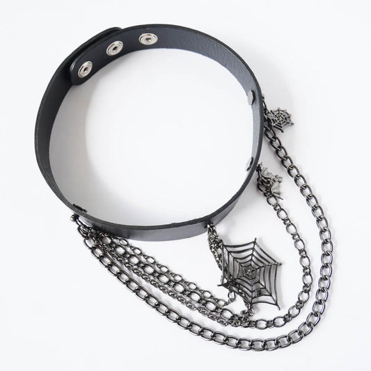 ハロウィン 蜘蛛の巣 ロングチェーン ガンメタ 革チョーカー ゴスロリ