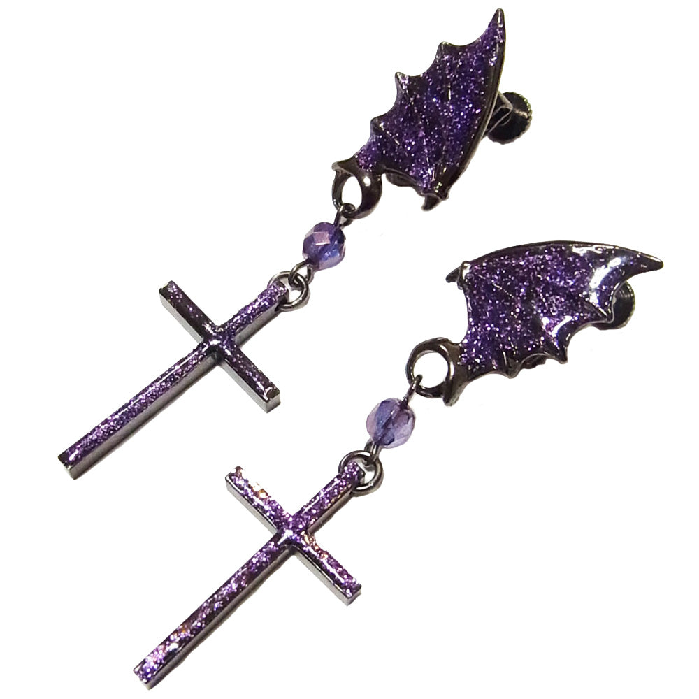 ハンドメイド イヤリング パープル ラメ デビル ウイング クロス