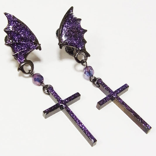 ハンドメイド イヤリング パープル ラメ デビル ウイング クロス