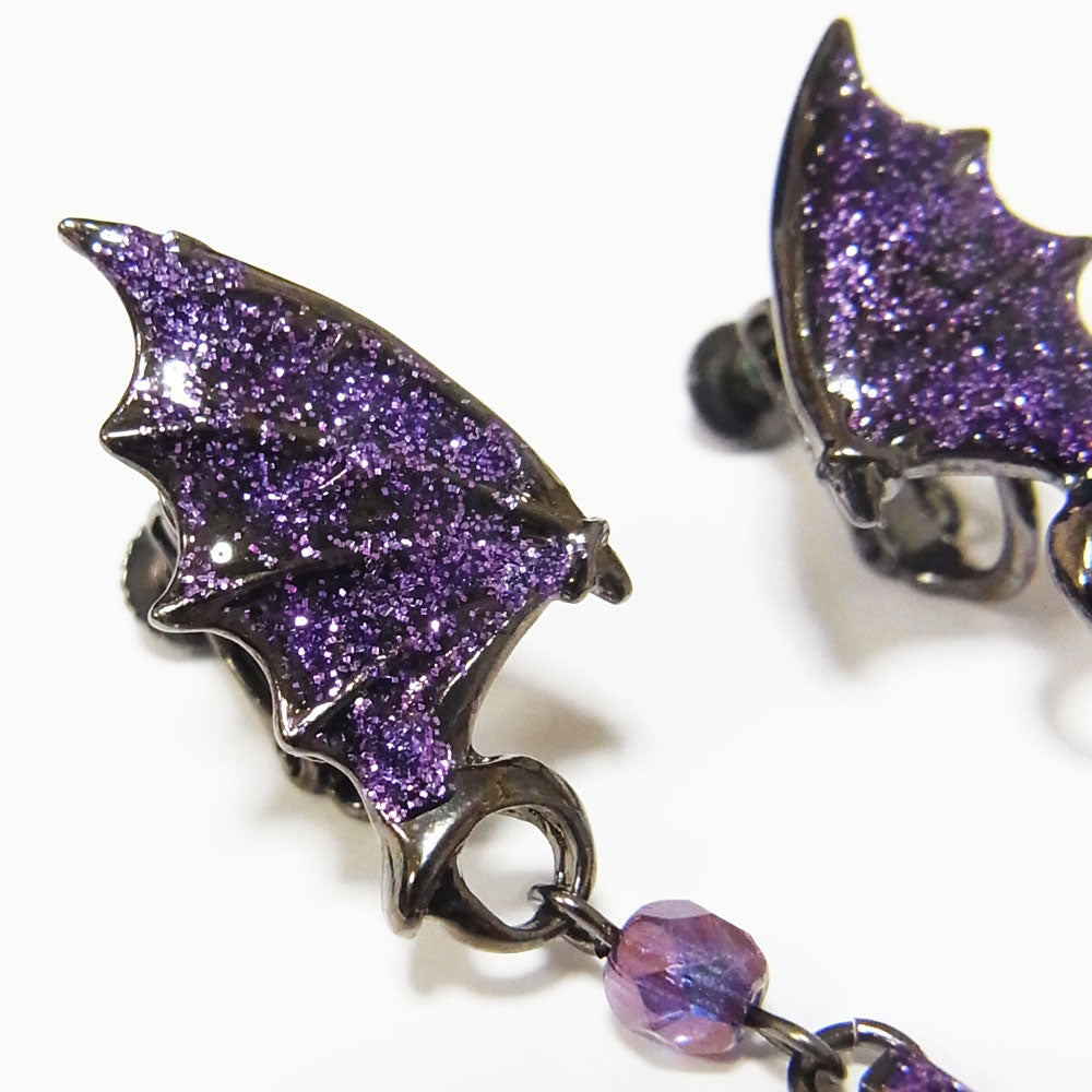ハンドメイド イヤリング パープル ラメ デビル ウイング クロス