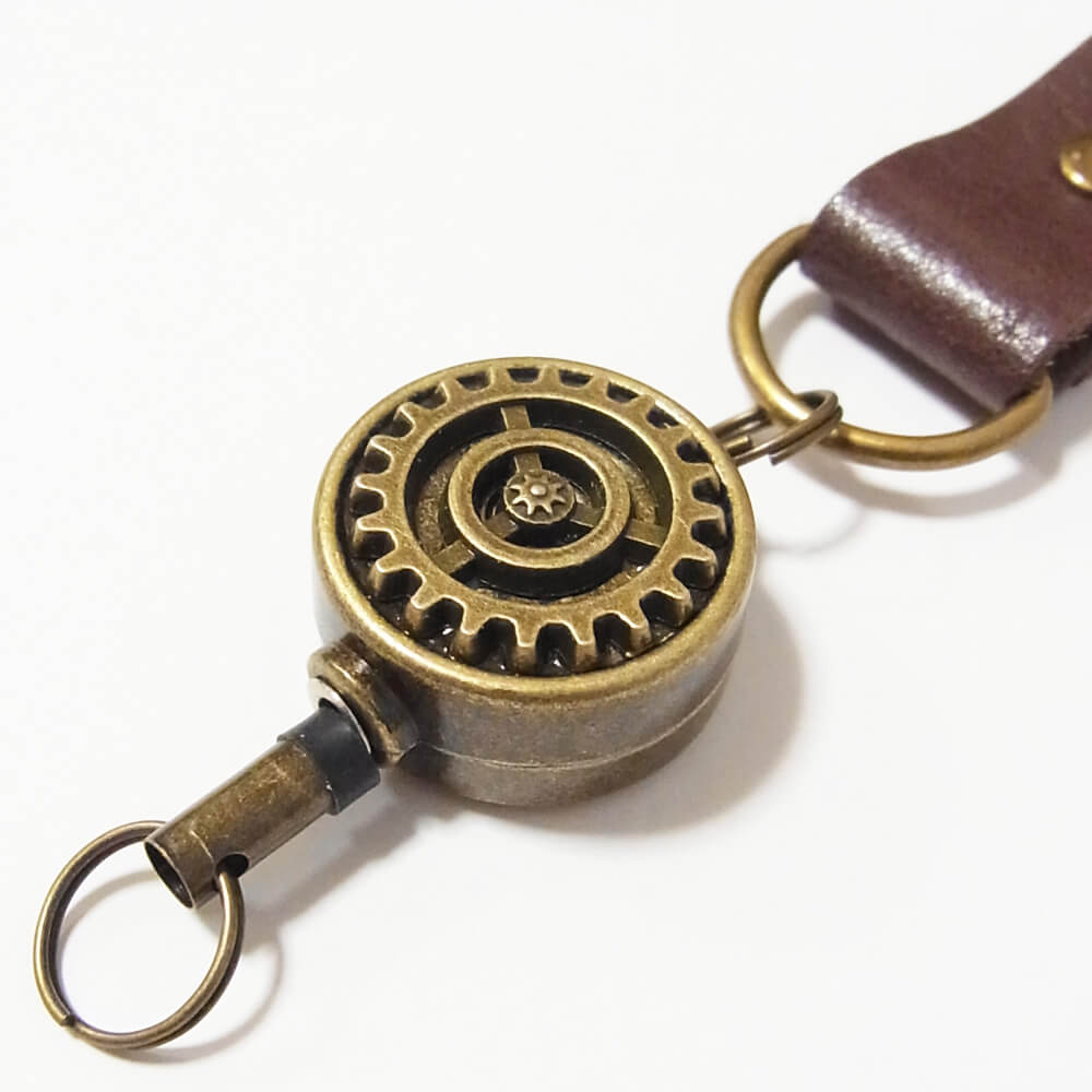 リール キーホルダー steampunk 革 歯車 スチームパンク 鍵