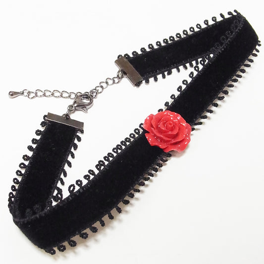 ブラック ベルベット チョーカー レッド ローズ 黒 別珍 赤 薔薇 ゴスロリ