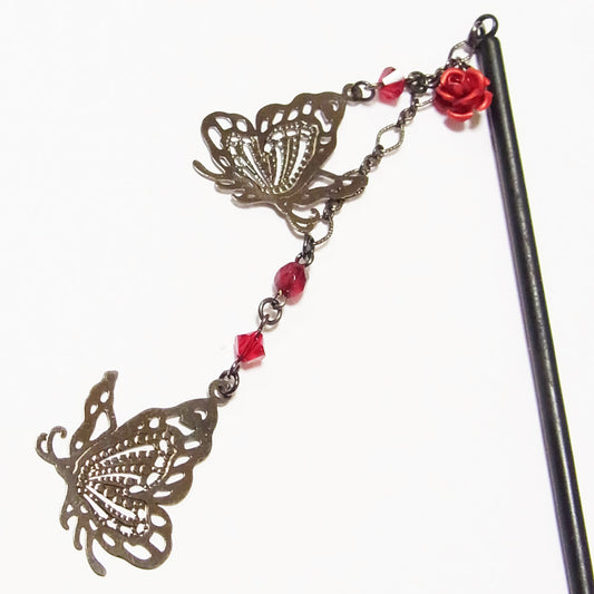 かんざし ゴスロリ 簪 薔薇 蝶 ガンメタ 一本 差し