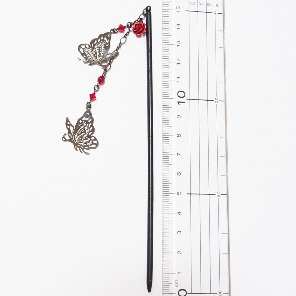 かんざし ゴスロリ 簪 薔薇 蝶 ガンメタ 一本 差し