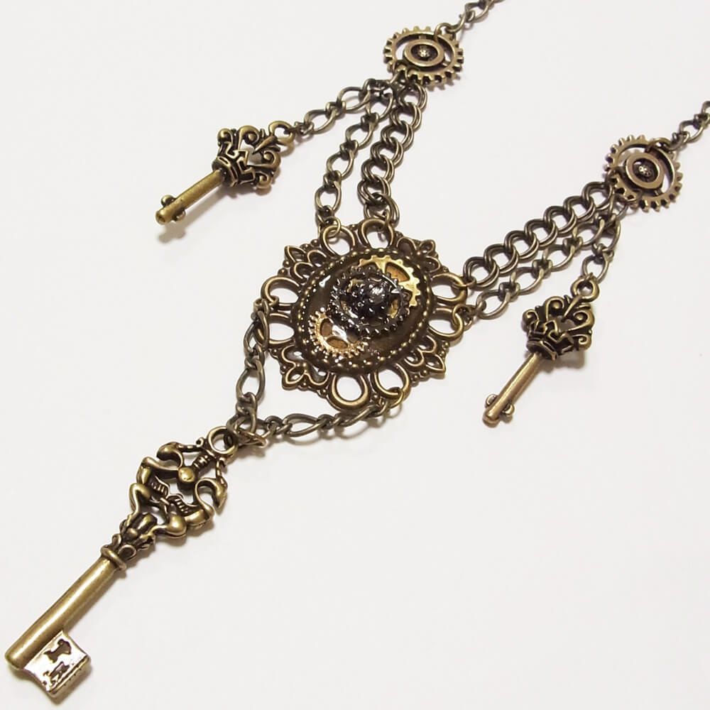【steampunk】歯車スチームパンク 鍵 アンティークゴールド ギア メタル チェーン ネックレス