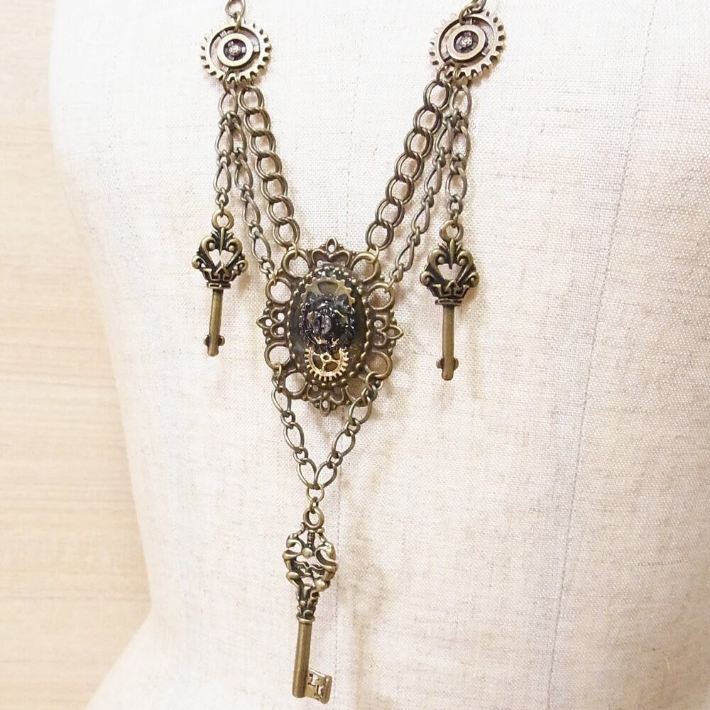 【steampunk】歯車スチームパンク 鍵 アンティークゴールド ギア メタル チェーン ネックレス