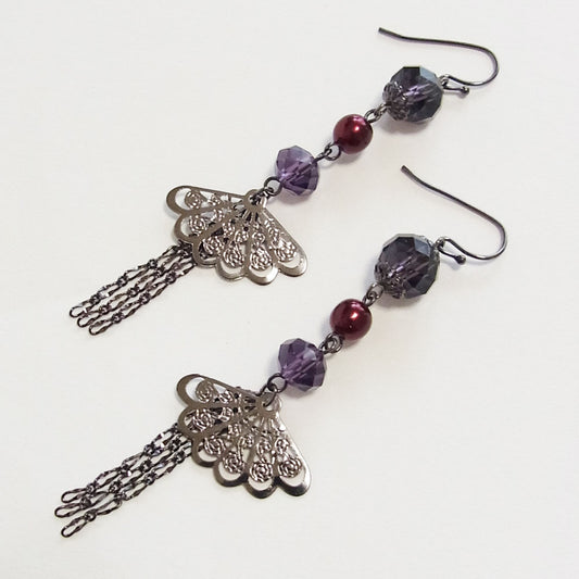 ピアス 和風 クリスタル 扇子 パープル