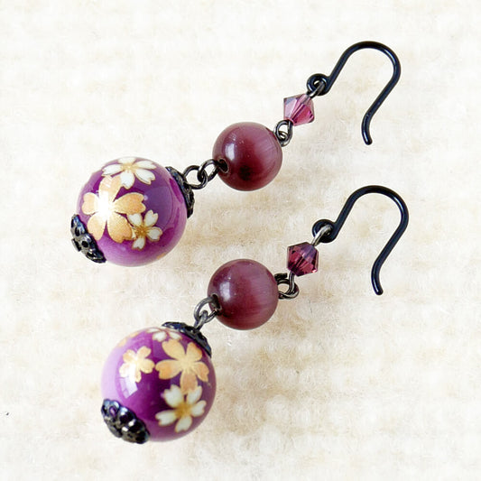 【樹脂ポスト】和風 紫 華珠 パープル ピアス