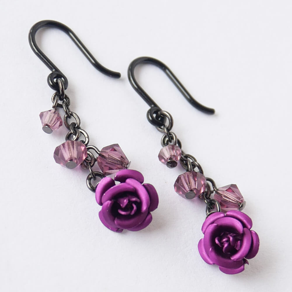 [Hypoallergenic] Gunmetal Purple Rose Mini Rose Earrings