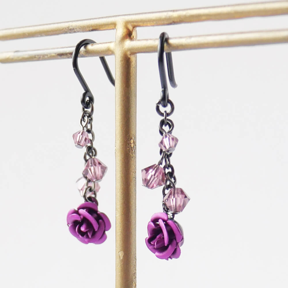 [Hypoallergenic] Gunmetal Purple Rose Mini Rose Earrings
