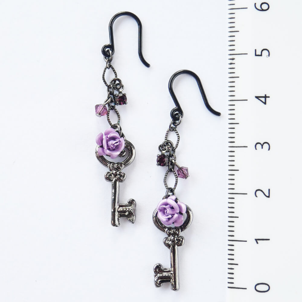 【ノンアレルギー】紫薔薇 パープル ローズ 鍵 ピアス ゴスロリ