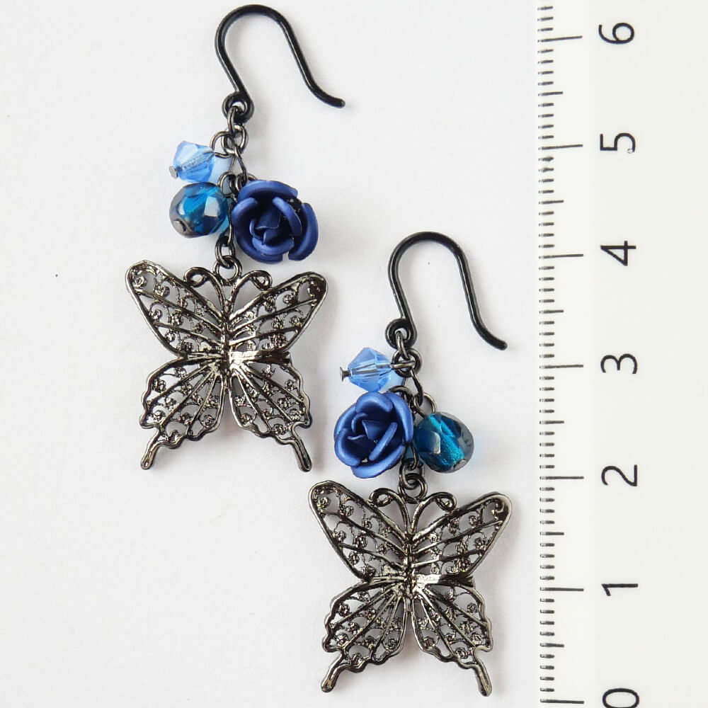 樹脂ポスト ピアス ガンメタ 青薔薇 蝶 バタフライ