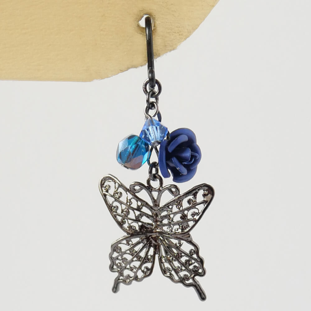 樹脂ポスト ピアス ガンメタ 青薔薇 蝶 バタフライ