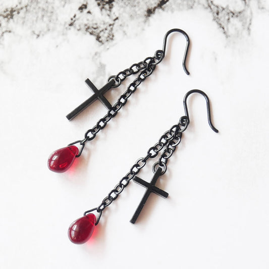 Resin Post Earrings Black Cross Red Drop Cross