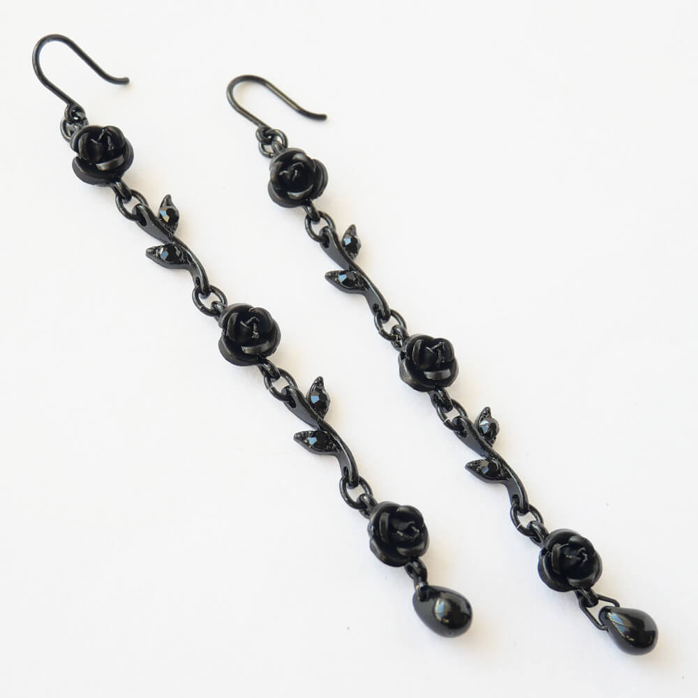 樹脂ポスト ロングピアス 黒塗装 ブラックローズ