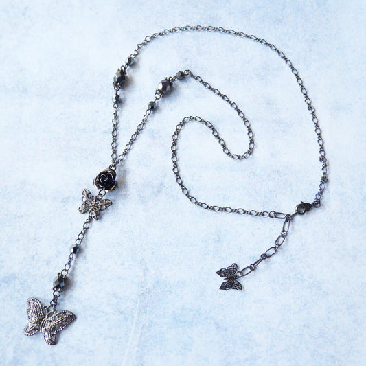 Gothic Lolita Gunmetal Butterfly Rosary Hematite Necklace