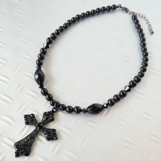 Black Crystal Cross Bead Necklace