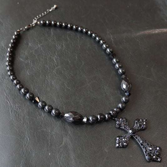 Black Crystal Cross Bead Necklace