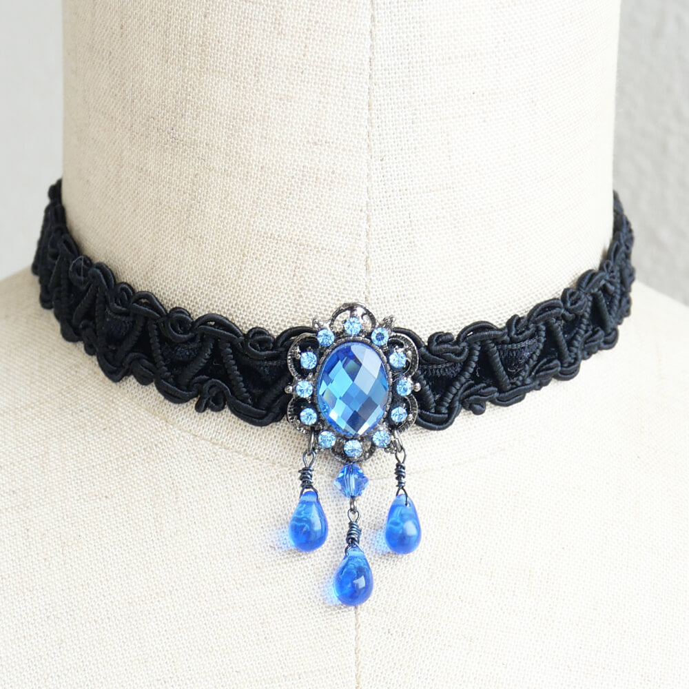 チョーカー レディース ブルー ドロップ クリスタル ブラック ブレード