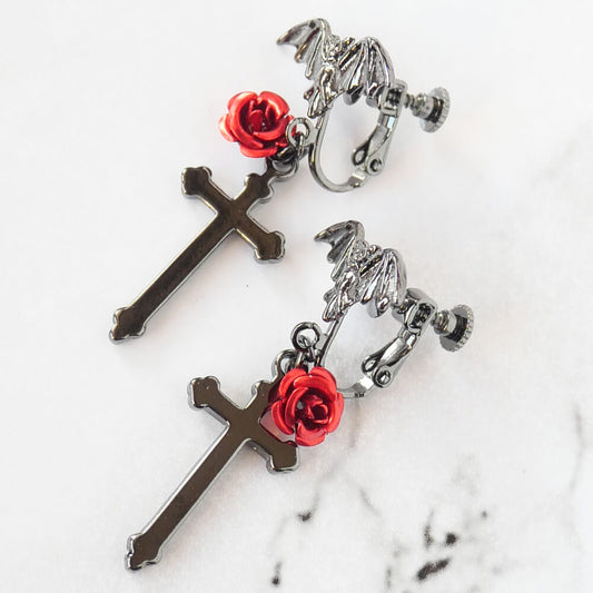 蝙蝠 赤薔薇 十字架 ゴスロリ イヤリング