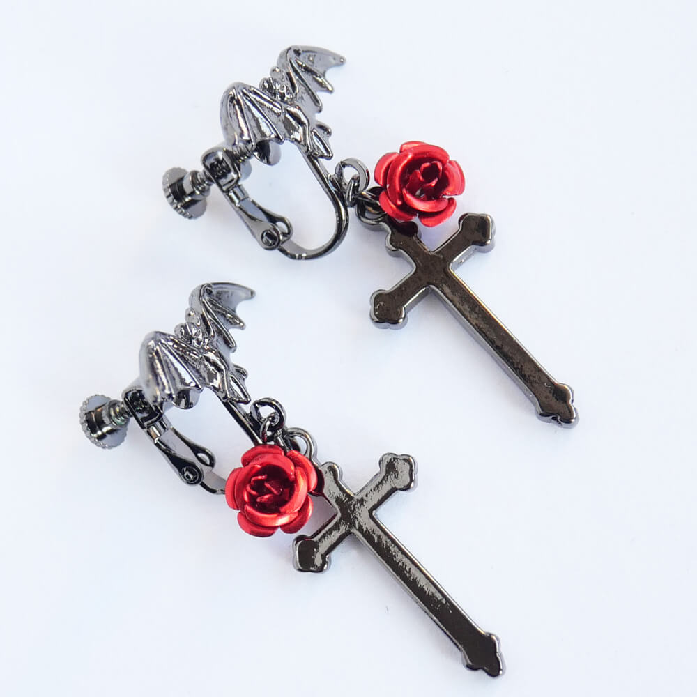 蝙蝠 赤薔薇 十字架 ゴスロリ イヤリング