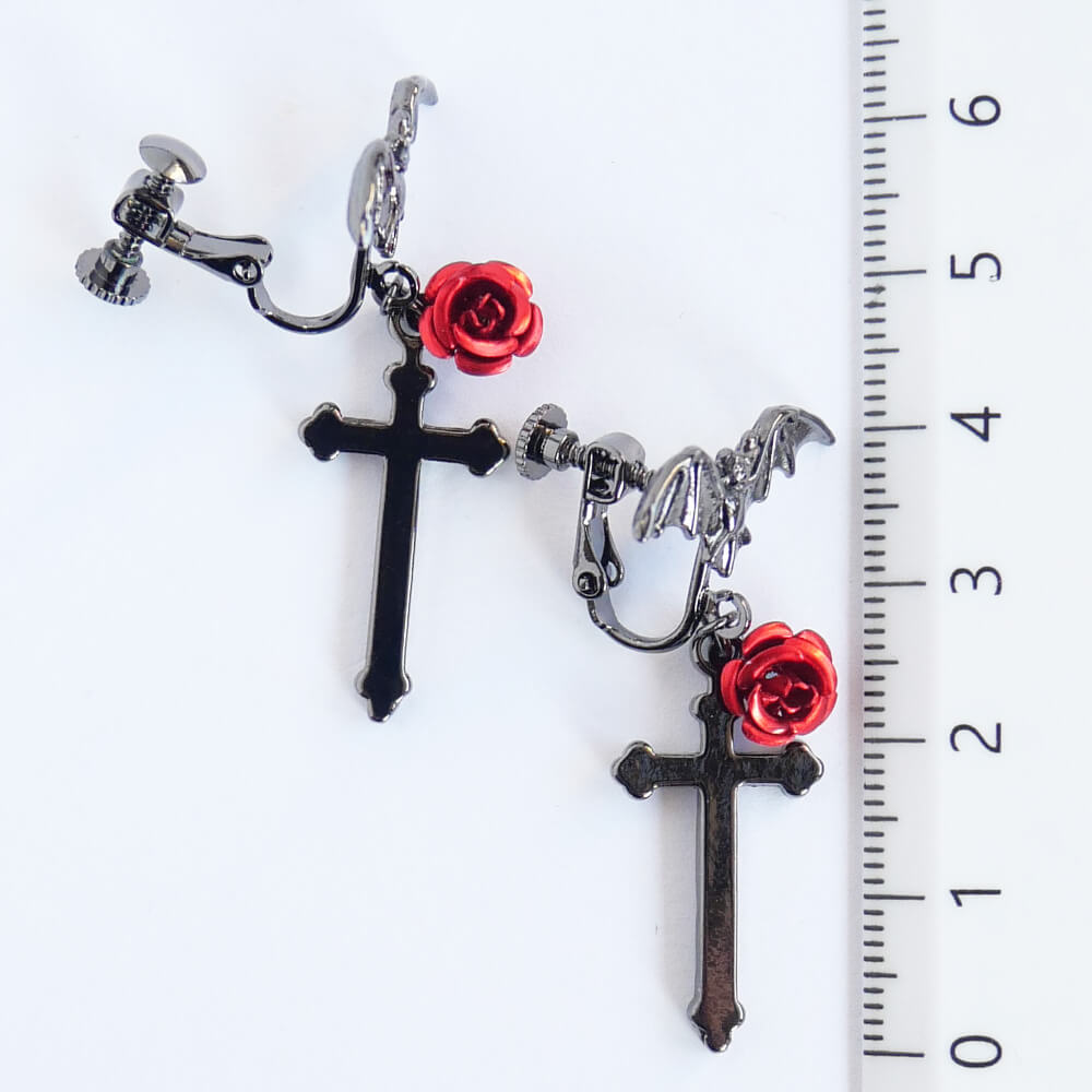蝙蝠 赤薔薇 十字架 ゴスロリ イヤリング