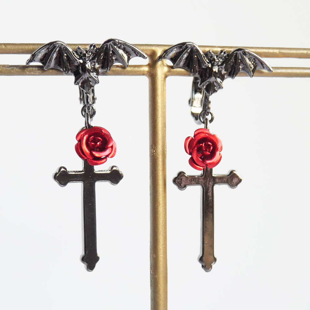 蝙蝠 赤薔薇 十字架 ゴスロリ イヤリング