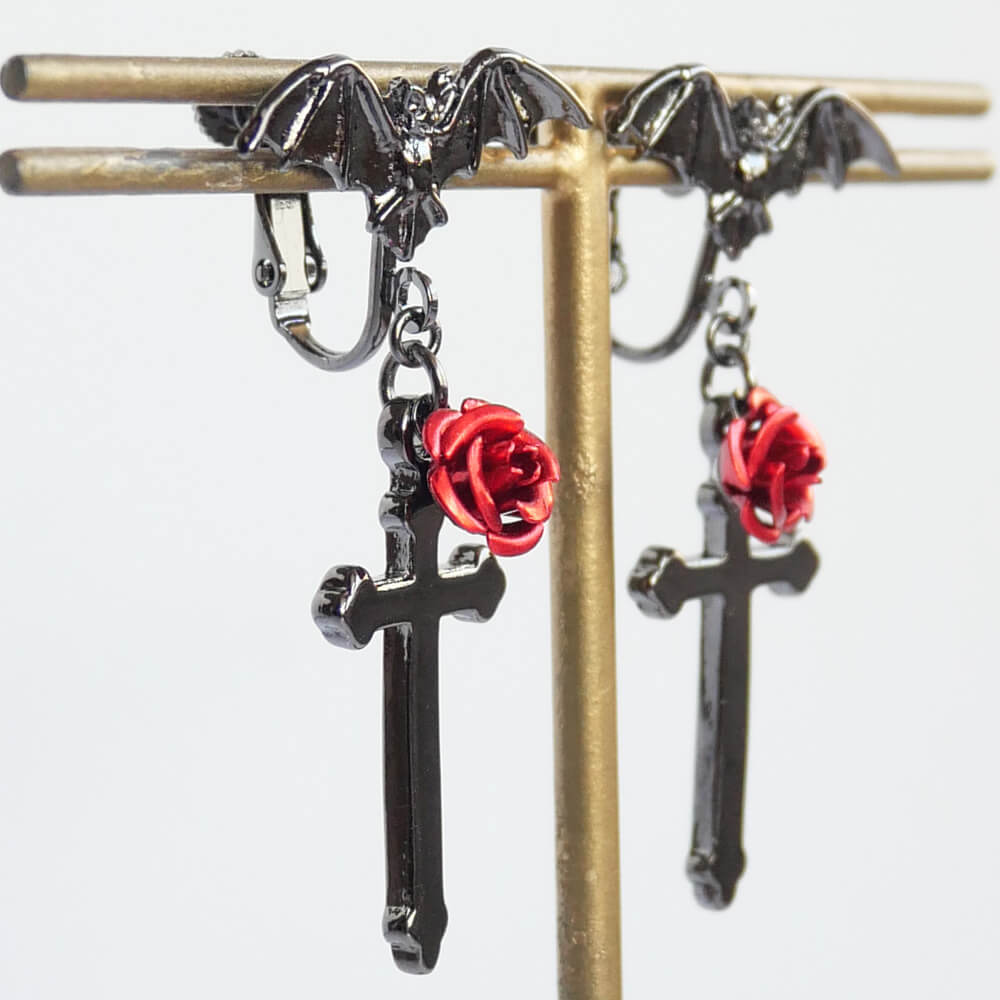 蝙蝠 赤薔薇 十字架 ゴスロリ イヤリング