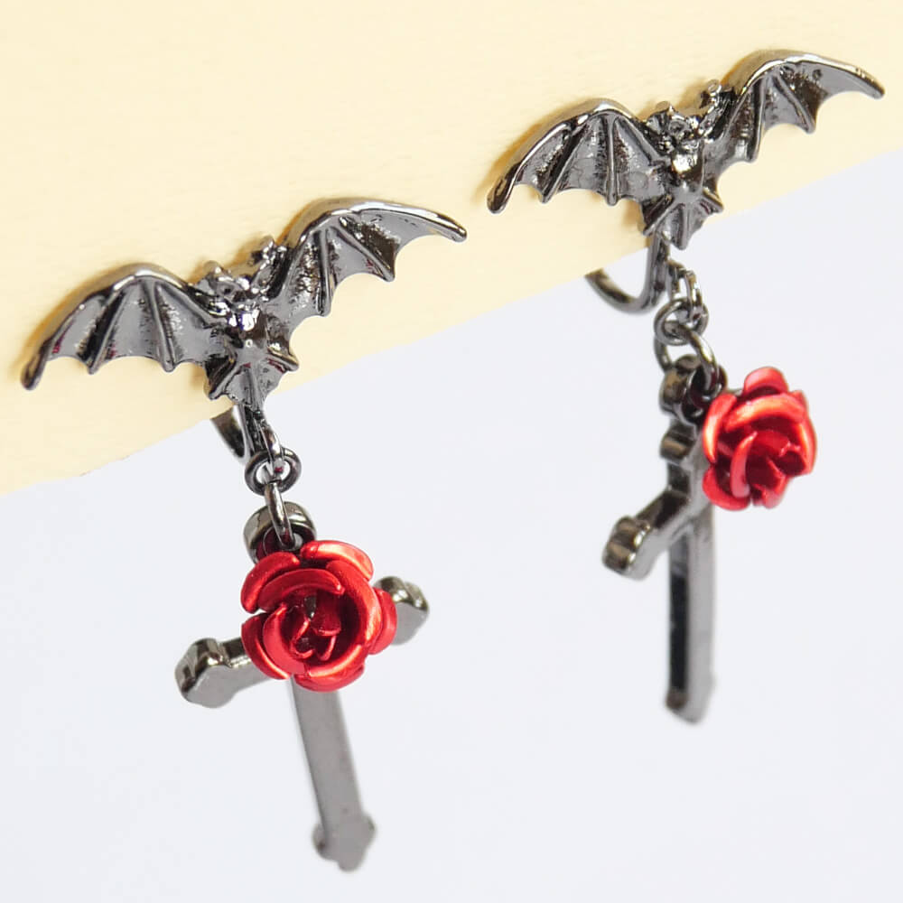 蝙蝠 赤薔薇 十字架 ゴスロリ イヤリング