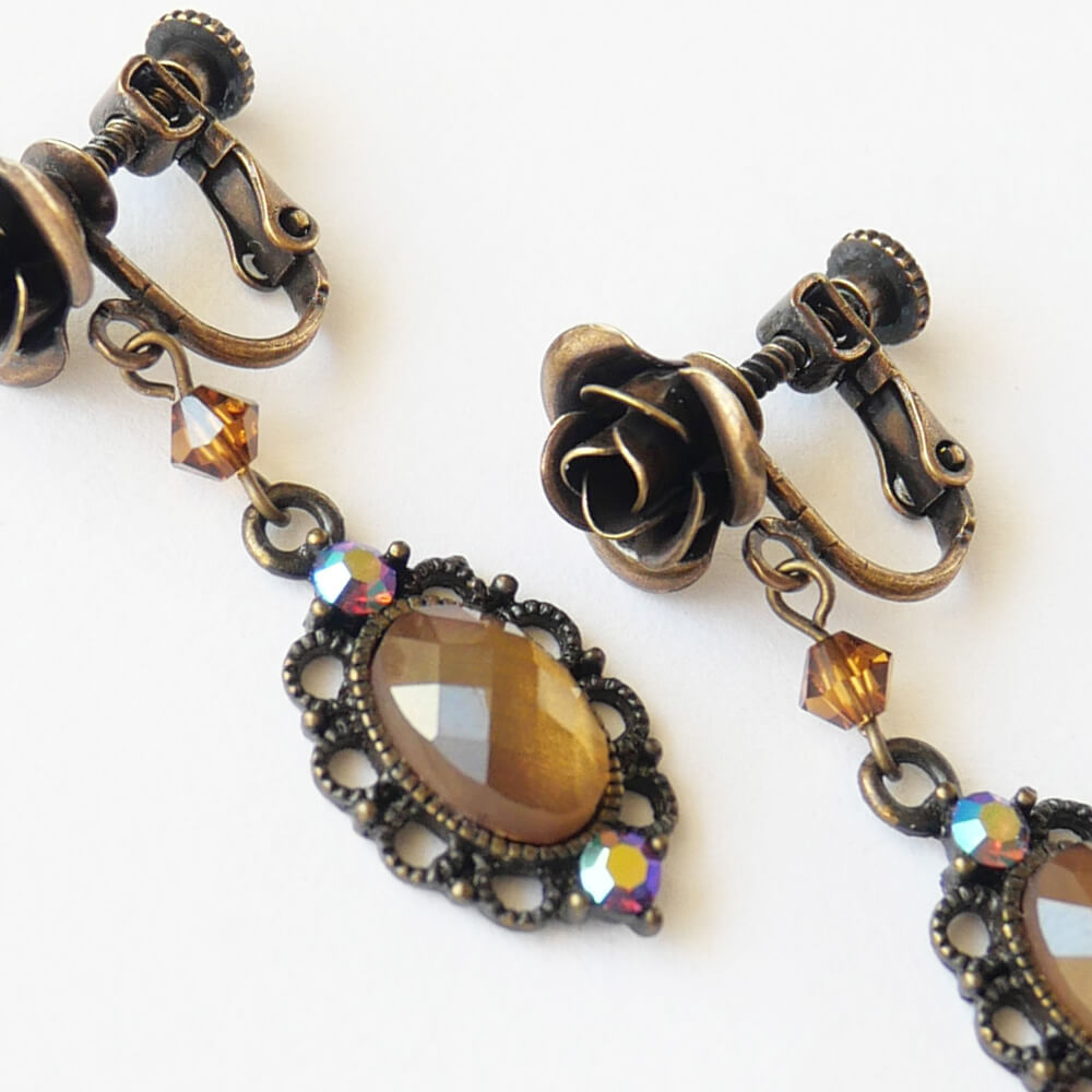 アンティーク ローズ ブラウン ミラー イヤリング