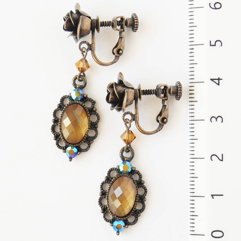 アンティーク ローズ ブラウン ミラー イヤリング