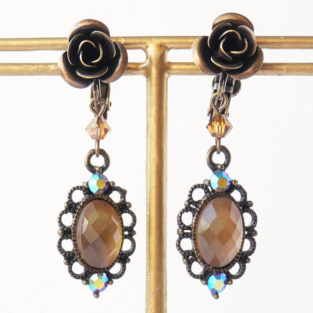 アンティーク ローズ ブラウン ミラー イヤリング