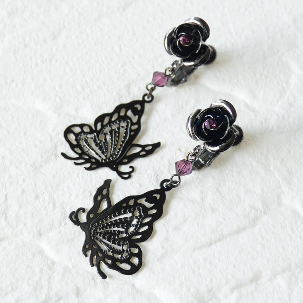 薔薇 蝶 パープル イヤリング