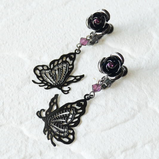 薔薇 蝶 パープル イヤリング