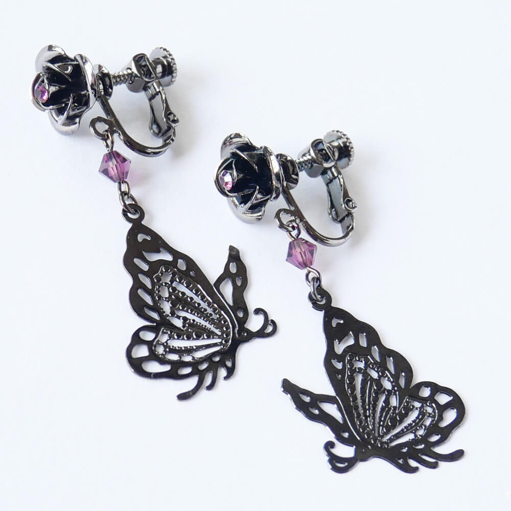 薔薇 蝶 パープル イヤリング