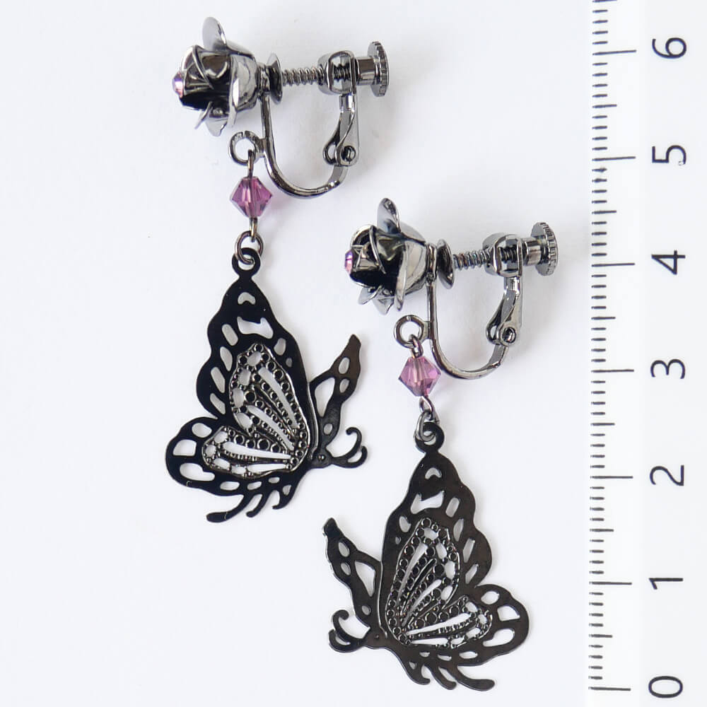 薔薇 蝶 パープル イヤリング