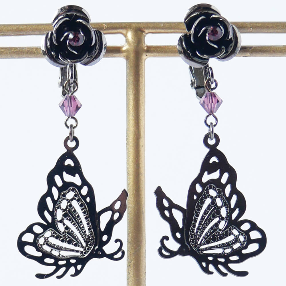 薔薇 蝶 パープル イヤリング