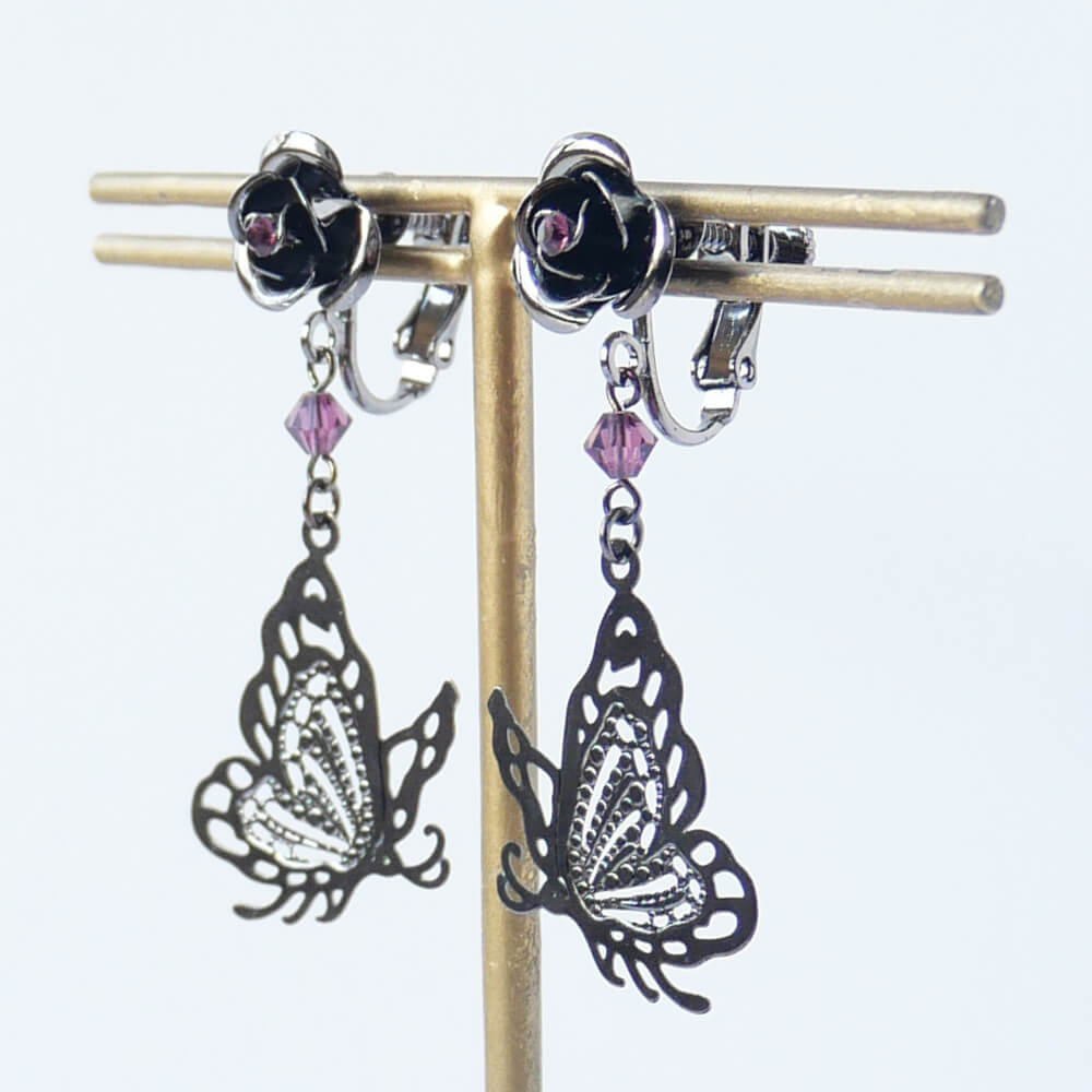 薔薇 蝶 パープル イヤリング